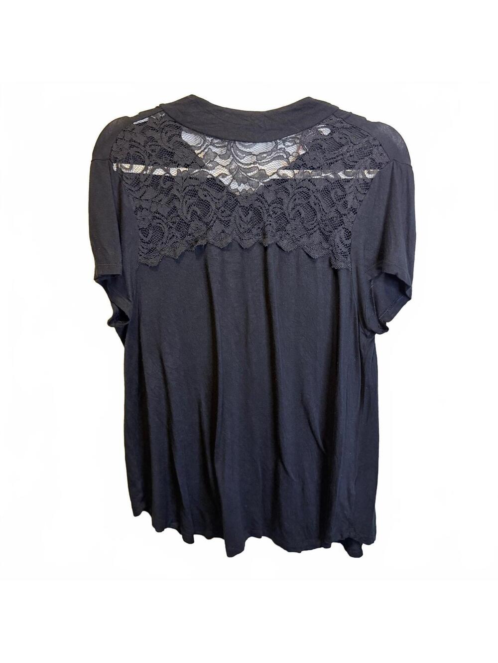 Candie's Black Lace Back Top XL Short Sleeve Sheer Yoke Flowy Blouse